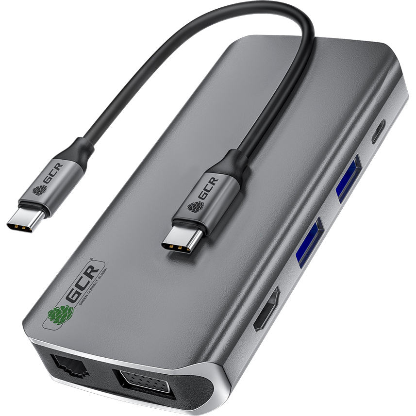 GCR Переходник Hub 10in1: USB-C -> HDMI+VGA+RJ45+3xUSB3.0+CardReader+Audio+USB-C PD, черный (GCR-VHUSDA45)