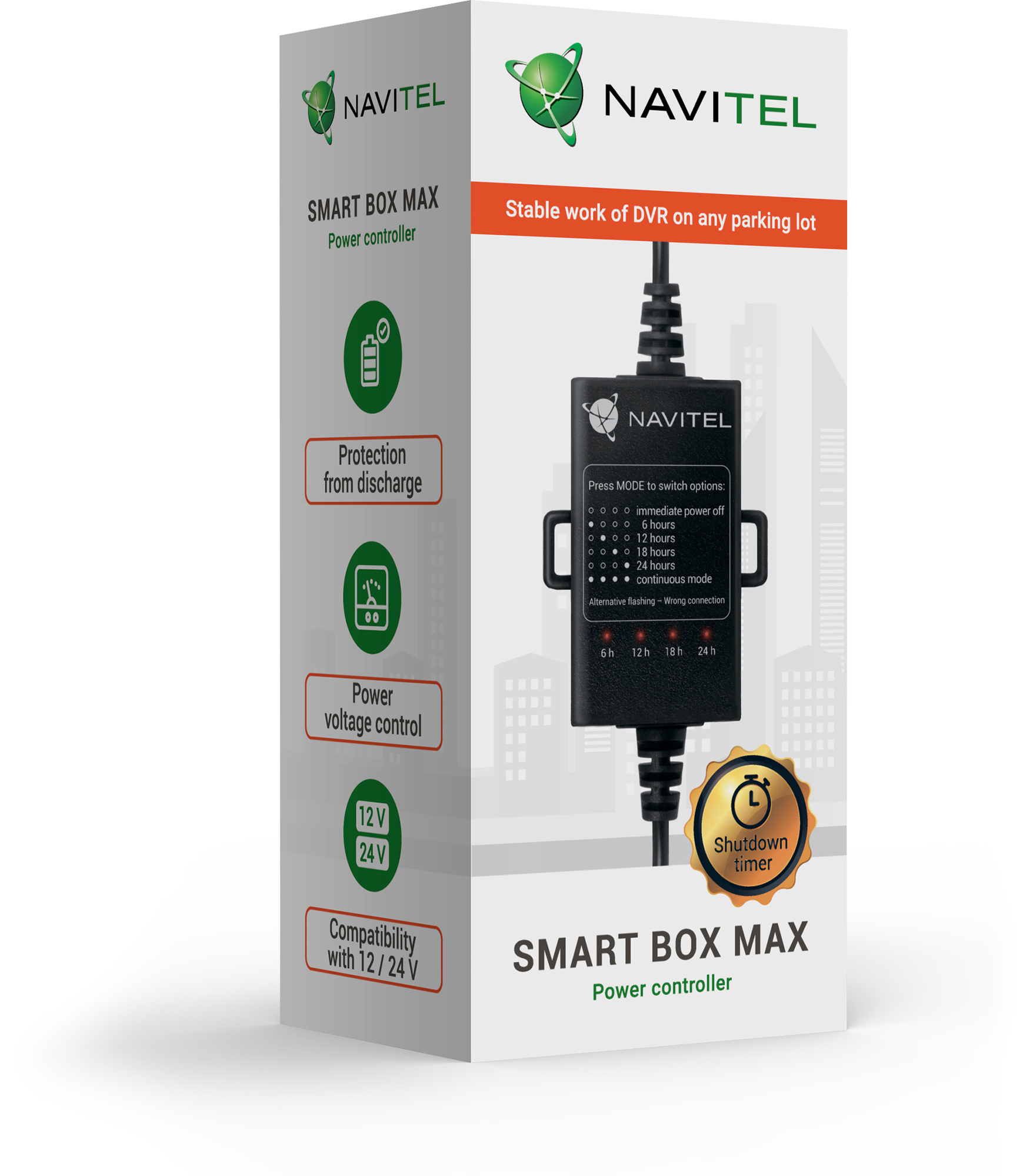 Контроллер питания Navitel Smart Box Max черный 4.5м Вход 1240 В, выход 5В 2А, защита от разряда аккумулятора, таймер (упак.:1шт)