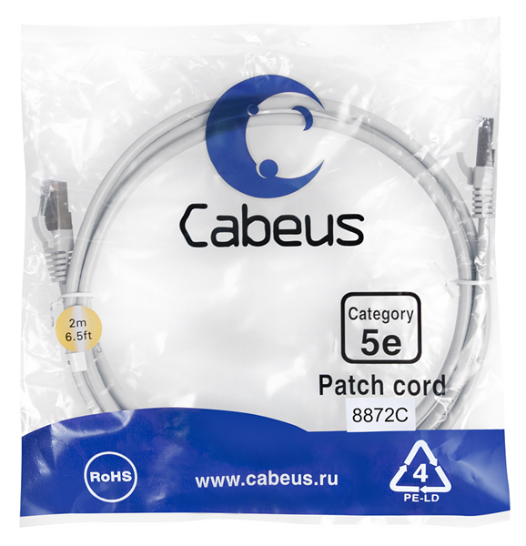 Cabeus PC-FTP-RJ45-Cat.5e-2m-LSZH Патч-корд F/UTP, категория 5е, 2xRJ45/8p8c, экранированный, серый, LSZH, 2м (PC-FTP-RJ45-Cat.5e-2m-LSZH)