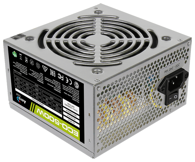 Блок питания Aerocool 500W Retail ECO-500W ATX v2.3 Haswell, fan 12cm, 400-mm cable, power cord, 20+4P, 12V 4P, 1x PCI-E 6P, 3x SATA, 2x PATA, 1x FDD (ECO-500W)