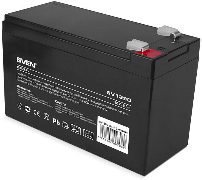 Батарея SVEN SV 1290 (12V 9Ah), напряжение 12В, емкость 9А*ч, макс. ток разряда 128А, макс. ток заряда 2.7А, свинцово-кислотная типа AGM, тип клемм F2, Д/Ш/В 151/65/94, 2.65кг Sven SV1290 (SV-0222009)