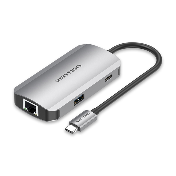 Порт-репликатор Vention USB-C to USB 3.0x3/RJ45/PD Hub 0.15M Gray Aluminum Alloy Type (TNFHB)