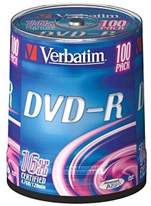 Диск DVD-R Verbatim 4.7Gb 16x Cake Box (100шт) (43549)