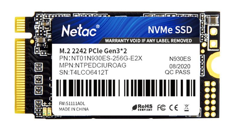 Ssd накопитель Netac SSD N930ES PCIe 3 x2 M.2 2242 NVMe 3D NAND 256GB, R/W up to 1650/1260MB/s, 3y wty (NT01N930ES-256G-E2X)