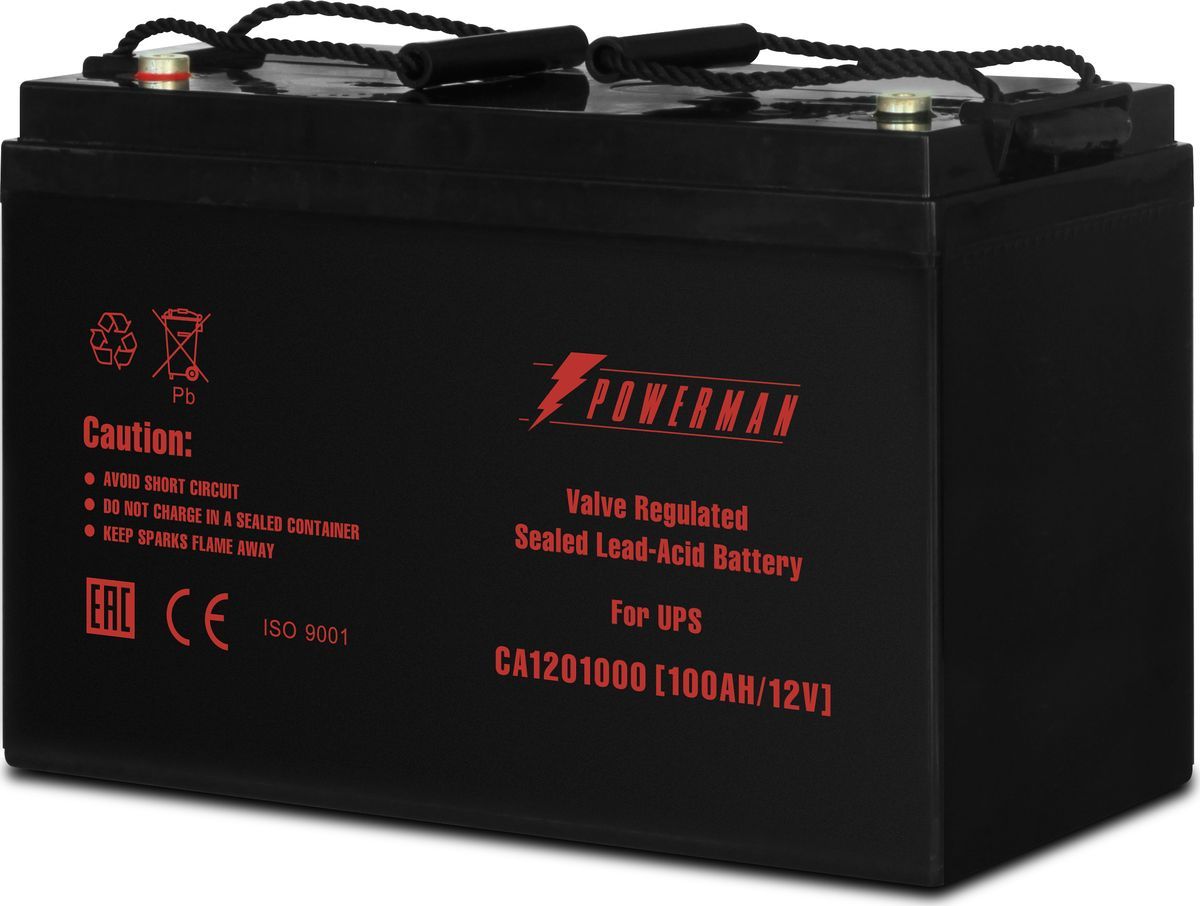 Батарея POWERMAN Battery CA121000, напряжение 12В, емкость 100Ач, макс. ток разряда 800А, макс. ток заряда 30А, свинцово-кислотная типа AGM, тип клемм М2, Д/Ш/В 329/172/215, 27.7 кг. Powerman CA121000/UPS (POWERMAN Battery 12V/100AH)