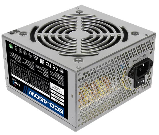 Блок питания Aerocool 450W Retail ECO-450W ATX v2.3 Haswell, fan 12cm, 400-mm cable, power cord, 20+4P, 12V 4P, 1x PCI-E 6P, 2x SATA, 2x PATA, 1x FDD (ECO-450W)