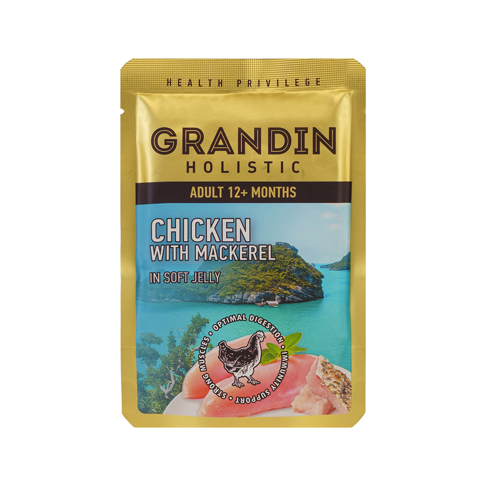 Grandin Влажный корм (пауч) для кошек, курица с макрелью в нежном желе, 85 гр.