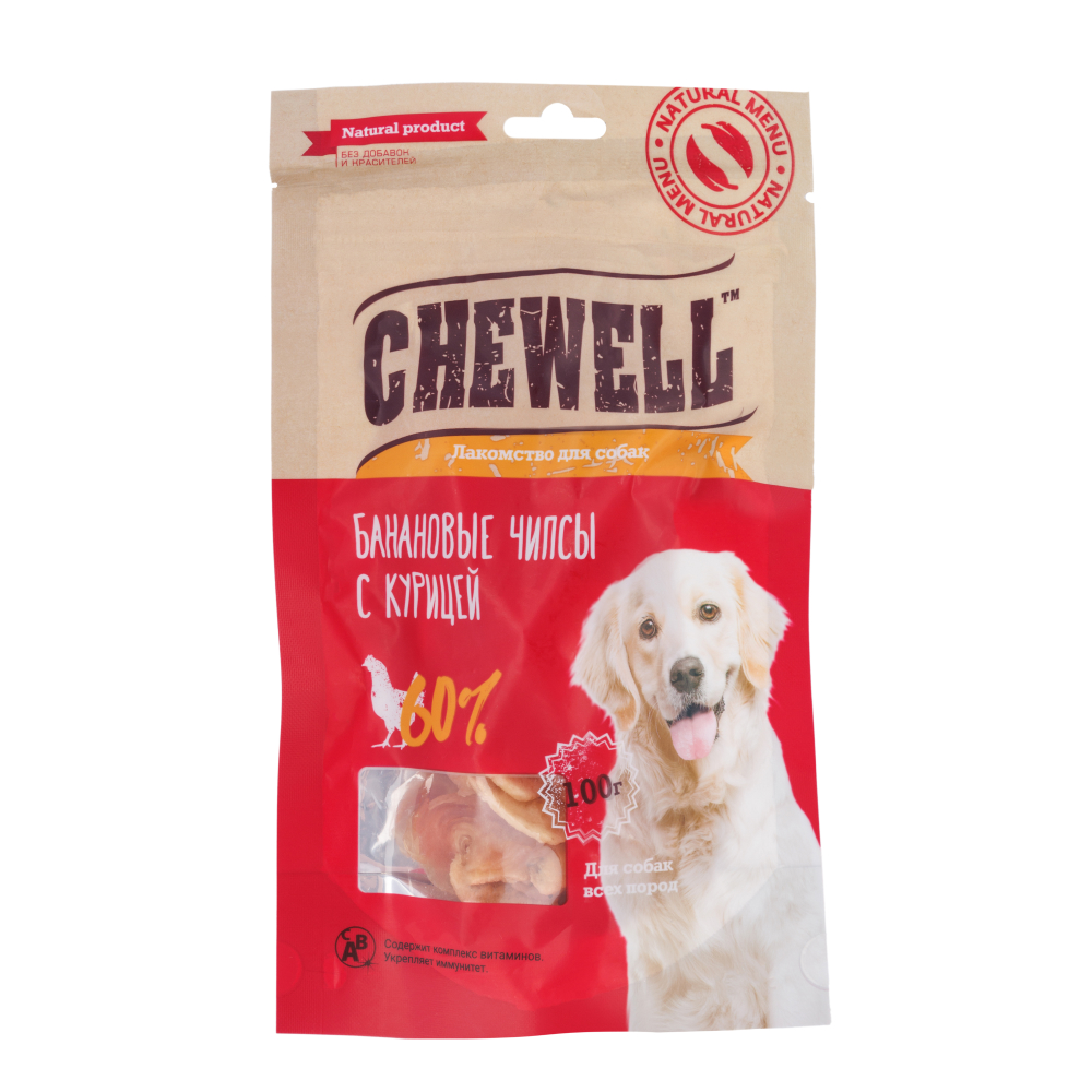 Мясные, вяленые, печеные лакомства Chewell Лакомство Банановые чипсы с курицей (100 гр.) для собак всех пород
