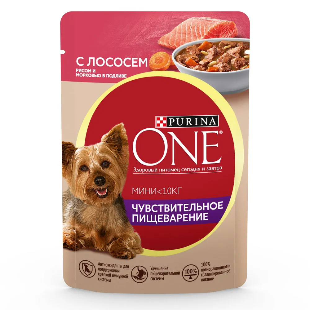 Консервы Purina ONE® Mini влажный корм для взрослых собак для мелких пород при чувствительном пищеварении с лососем, рисом и морковью, в подливе, 85 г