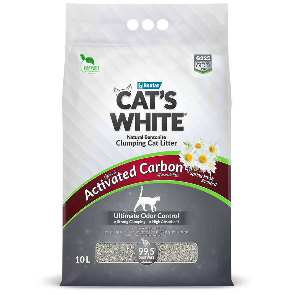  Cat's White Наполнитель комкующийся для кошачьих туалетов Activated Carbon, 10 л, с ароматом весенней свежести