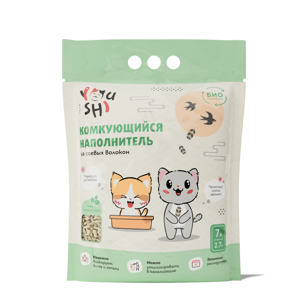   Четыре Лапы Youshi Наполнитель комкующийся Тофу зелёный чай для кошачьего туалета, 2,7 кг