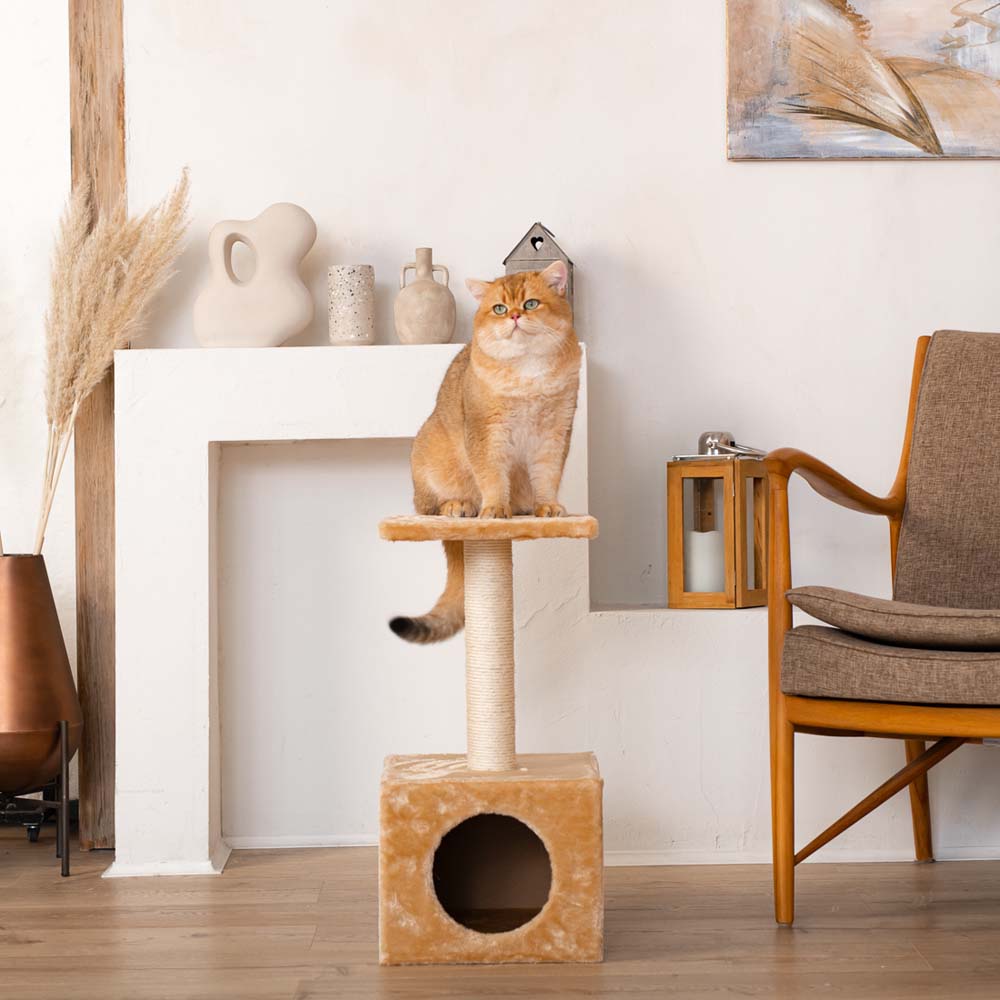 Petmax Дом-когтеточка Vicenza (30х30х55 см) квадратный с площадкой для кошек, бежевый