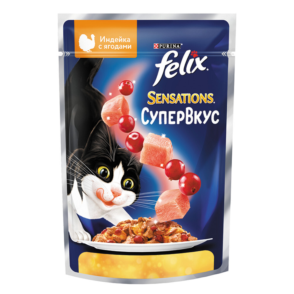 Felix Sensations Супервкус влажный корм для взрослых кошек с индейкой и ягодами, в желе, 75 г