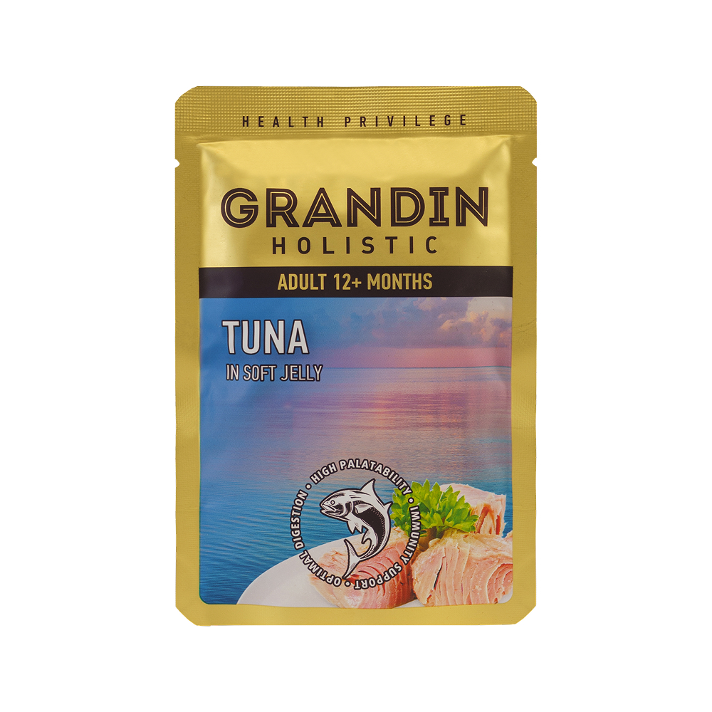 Grandin Влажный корм (пауч) для кошек, тунец в нежном желе, 85 гр.
