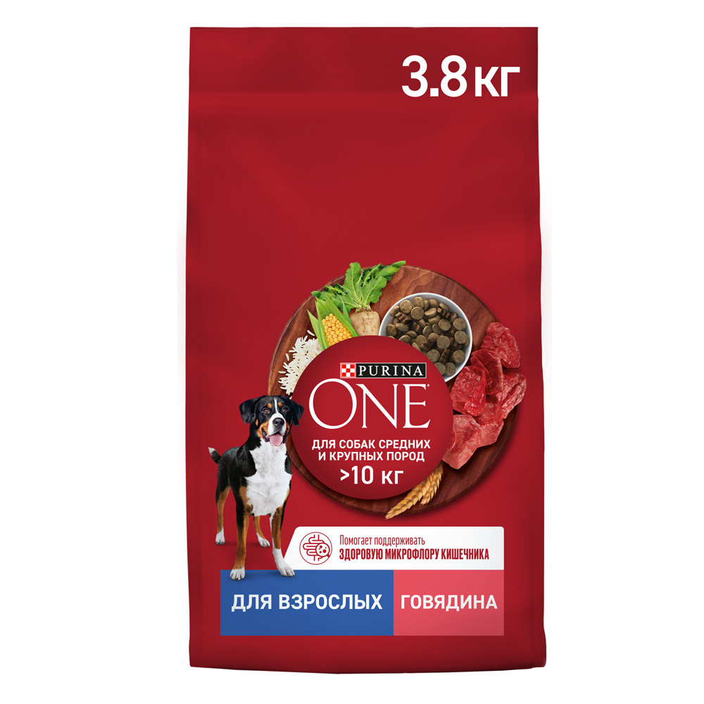 Purina ONE® Adult Сухой корм для взрослых собак средних и крупных пород, с говядиной и рисом, 3,8 кг