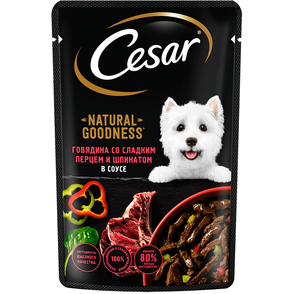 Консервы Cesar Влажный корм (пауч) для собак, говядина, паприка и шпинат в соусе, 80 гр.