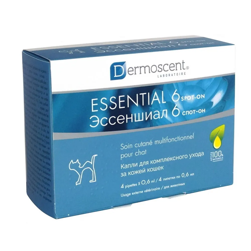 Витамины и минералы LDCA Франция Dermoscent Essential 6 spot-on Капли для комплексного ухода за кожей кошек, 4 пипетки по 0,6 мл