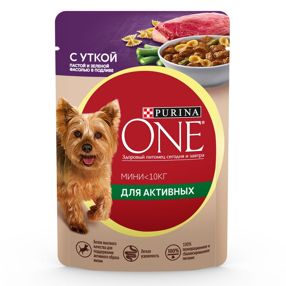 Консервы Purina ONE® Mini влажный корм для взрослых собак для мелких пород при активном образе жизни с уткой, пастой и зеленой фасолью, в подливе, 85 г