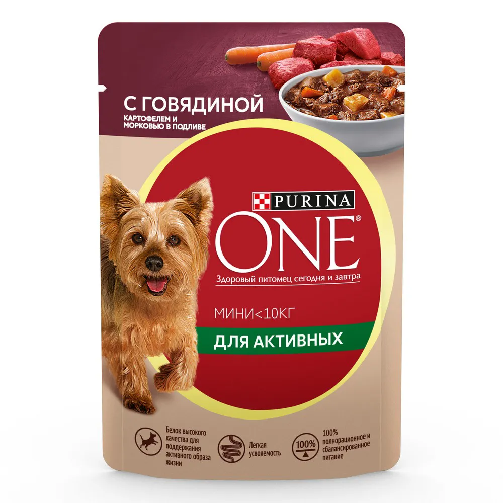 Консервы  Четыре Лапы Purina ONE® Mini влажный корм для взрослых собак для мелких и карликовых пород при активном образе жизни с говядиной, картофелем и морковью, в подливе, 85 г