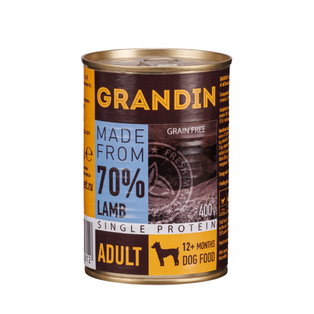 Grandin Adult Влажный корм (консервы) для взрослых собак всех пород, с ягненком и льняным маслом, 400 гр.