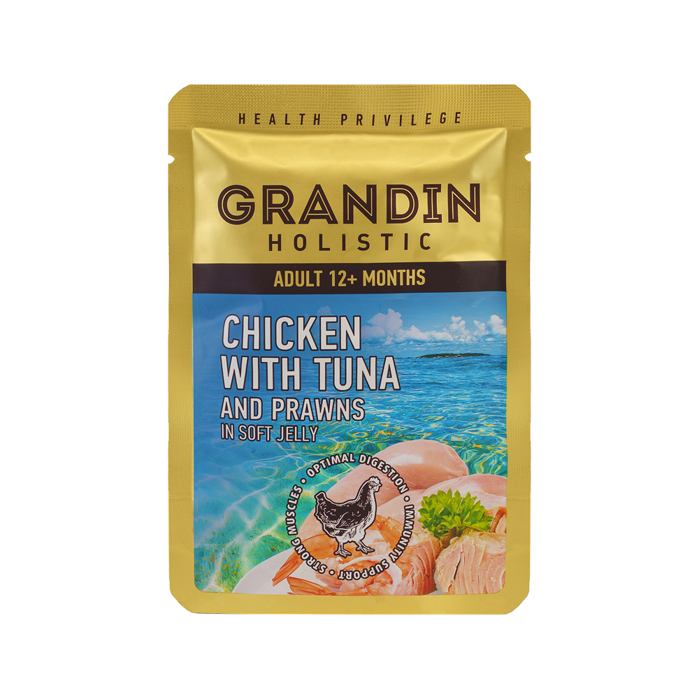 Grandin Влажный корм (пауч) для кошек, курица с тунцом и креветками в нежном желе, 85 гр.