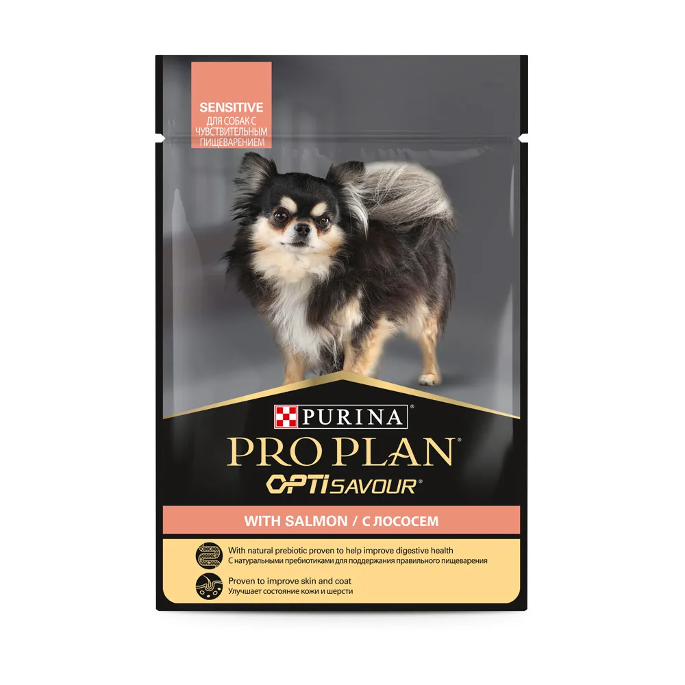 PRO PLAN® Opti Savour Влажный корм (пауч) для взрослых собак мелких и карликовых пород при чувствительном пищеварении, с лососем в соусе, 85 гр.