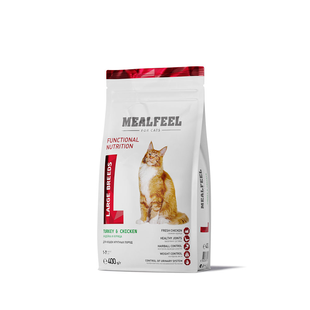 Mealfeel Сухой корм для кошек крупных пород в возрасте от 1 до 7 лет, с индейкой и курицей, 400 гр.