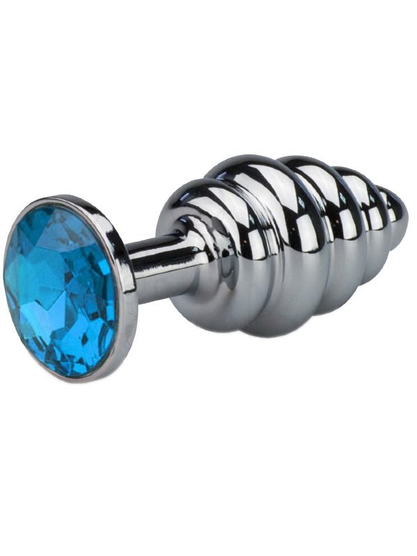 Анальные украшения Анальная пробка Plug Silver Small ребристая c кристаллом – серебристый/голубой