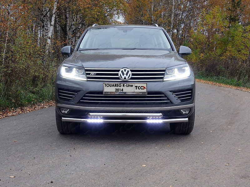 Защита передняя нижняя (двойная с ДХО) 60,3/60,3 мм (R-Line) ТСС для VW TOUAREG (2014-2018)