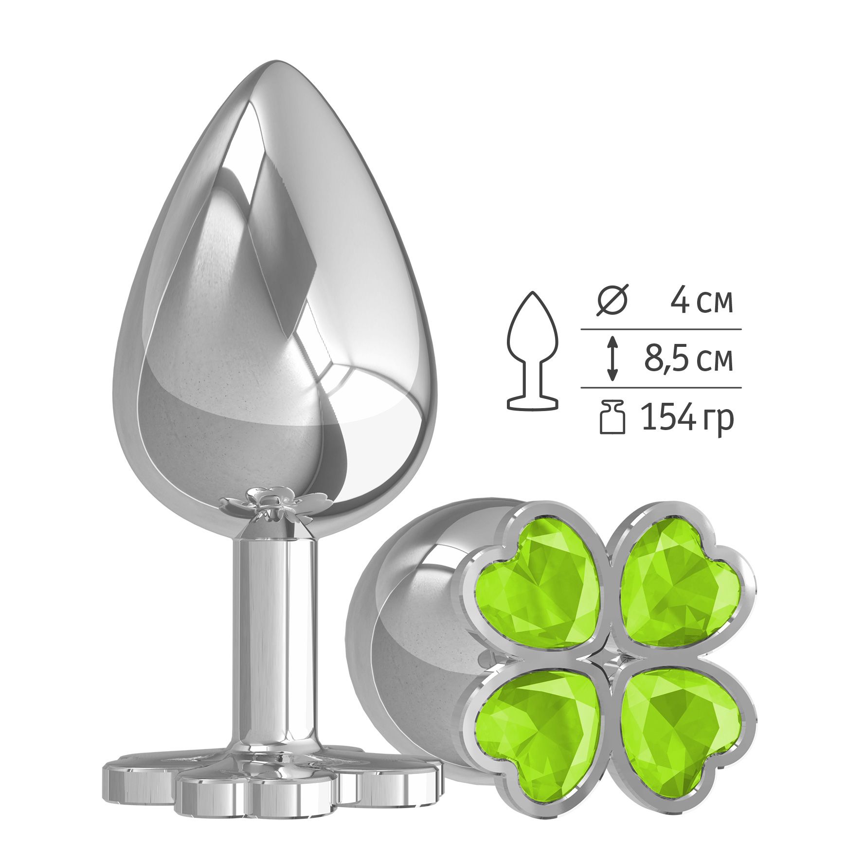 Анальная втулка Silver большая с салатовым кристаллом Клевер
