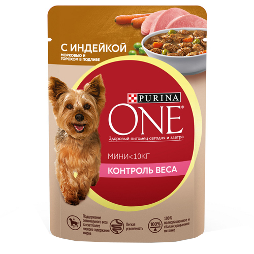 Повседневный Влажный корм для Взрослых собак PURINA ONE MINI / Влажный корм Паучи Пурина УАН для взрослых собак мелких пород при склоннности к набору веса с индейкой (цена за упаковку)