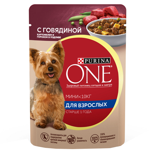   ЗооМаг PURINA ONE ADULT / Влажный корм Паучи Пурина УАН для взрослых собак мелких пород с говядиной (цена за упаковку)