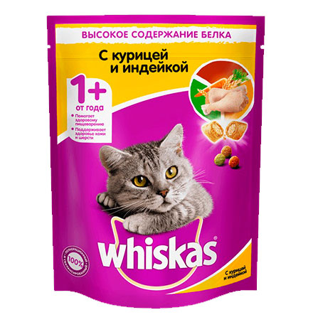   ЗооМаг Whiskas / Сухой корм Вискас для взрослых кошек подушечки-паштет с Курицей и индейкой