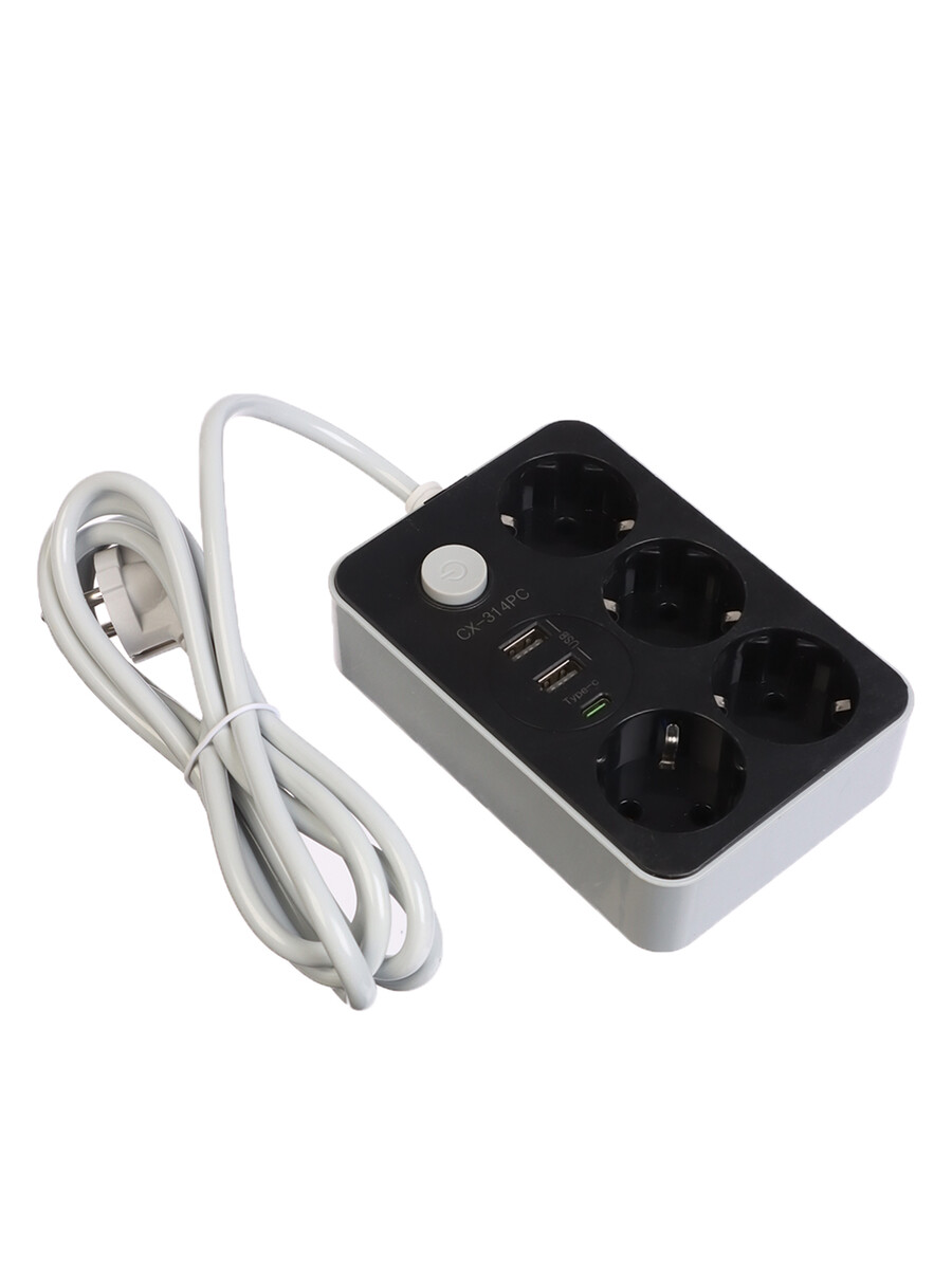 Удлинитель сетевой, 4 розетки, 2 м, 1300 вт, 3×0.75 мм2, 2 usb-a, usb-c, 2.1 а, с заземлением, с выключателем