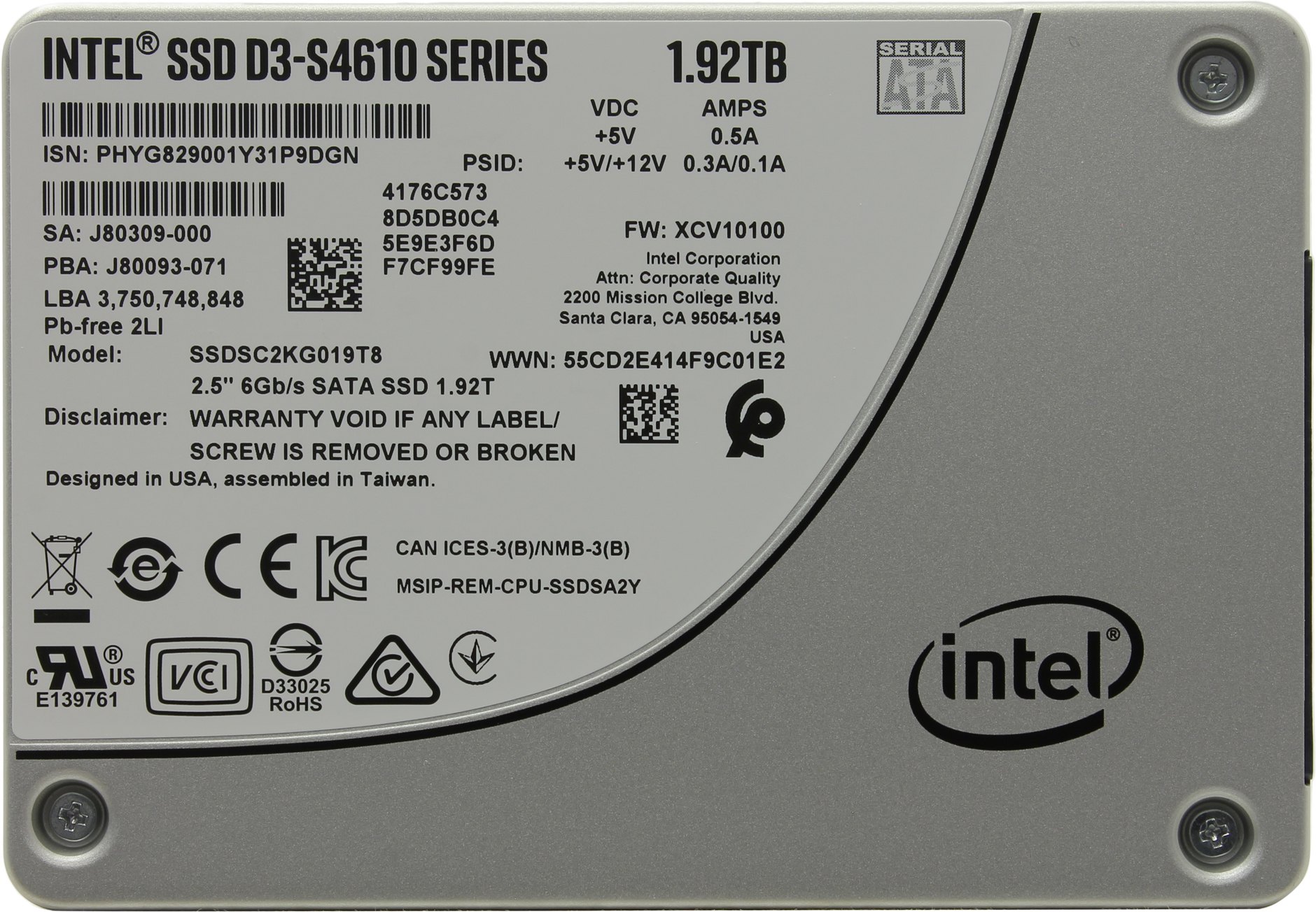 Твердотельный накопитель (SSD) Intel 1.92Tb D3-S4610, 2.5, SATA3 (SSDSC2KG019T801)