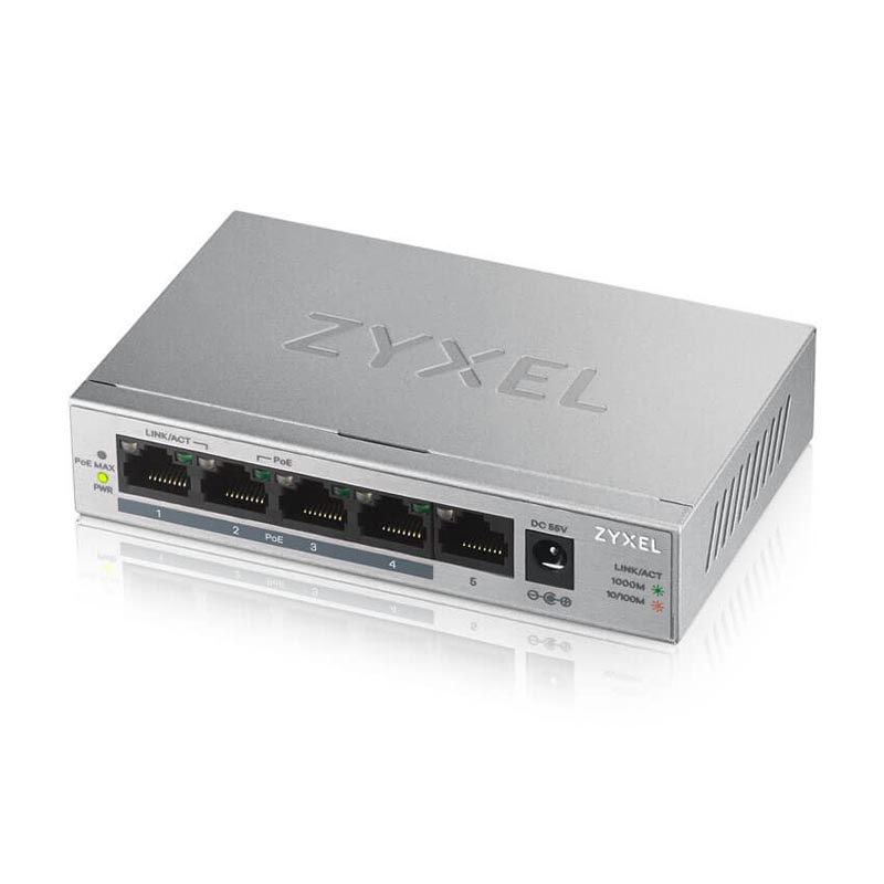 Коммутатор ZYXEL GS1005HP, кол-во портов: 5x1 Гбит/с, PoE: 4шт.x30W (макс. 60W) (GS1005HP-EU0101F)