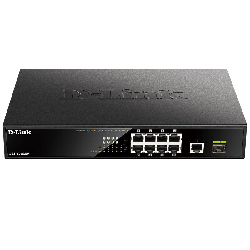 Коммутатор D-link DGS-1010MP, кол-во портов: 9x1 Гбит/с, SFP 1x1 Гбит/с, установка в стойку, PoE: 8x30Вт (макс. 125Вт) (DGS-1010MP/A1A)