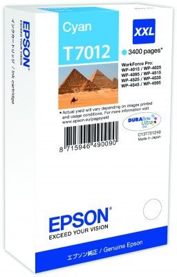 Картридж струйный Epson T7012 (C13T70124010), голубой, оригинальный, ресурс 3400 страниц, для Epson WorkForce Pro WP-4015DN / WP-4025DW / WP-4095DN / WP-4515DN / WP-4525DNF / WP-4535DWF / WP-4595DNF