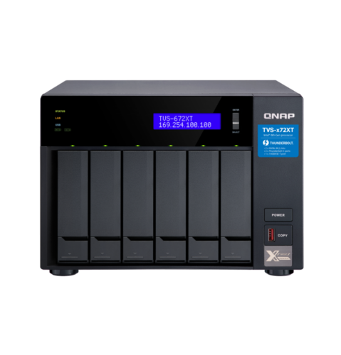 Сетевые накопители Сетевой накопитель (NAS) QNAP TVS-672XT-i3-8G, слоты 6x2.5/3.5 SATA 6Gb/s, 2x1 Гбит + 10 Гбит/с, HDMI, 5xUSB 3.0, Intel Core i3-8100T/4x3.1GHz, DDR4 8Gb, RAID 0/1/5/6/10, (TVS-672XT-i3-8G)