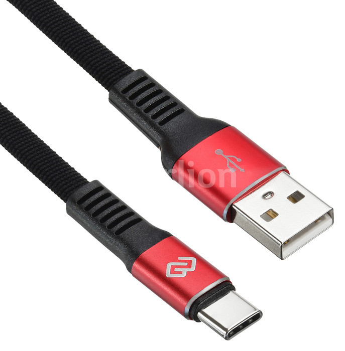 Кабель USB-USBType-C, Digma, плоский, 1.2м, черный/красный (1080454)