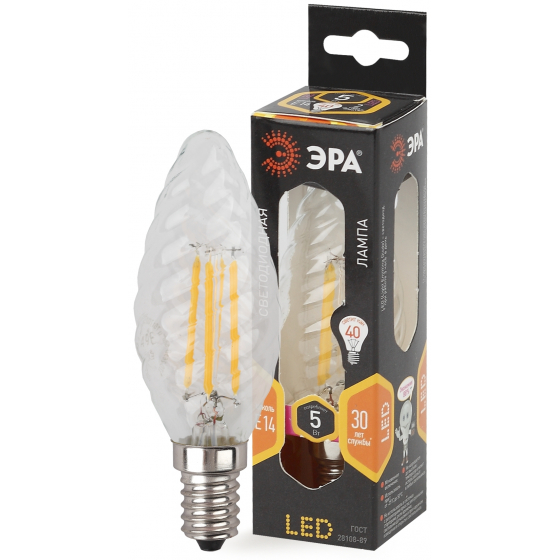 Лампа светодиодная E14 свеча витая, 5Вт, 2700K / теплый свет, 515лм, филаментная, ЭРА F-LED BTW-5W-827-E14 (Б0027935)