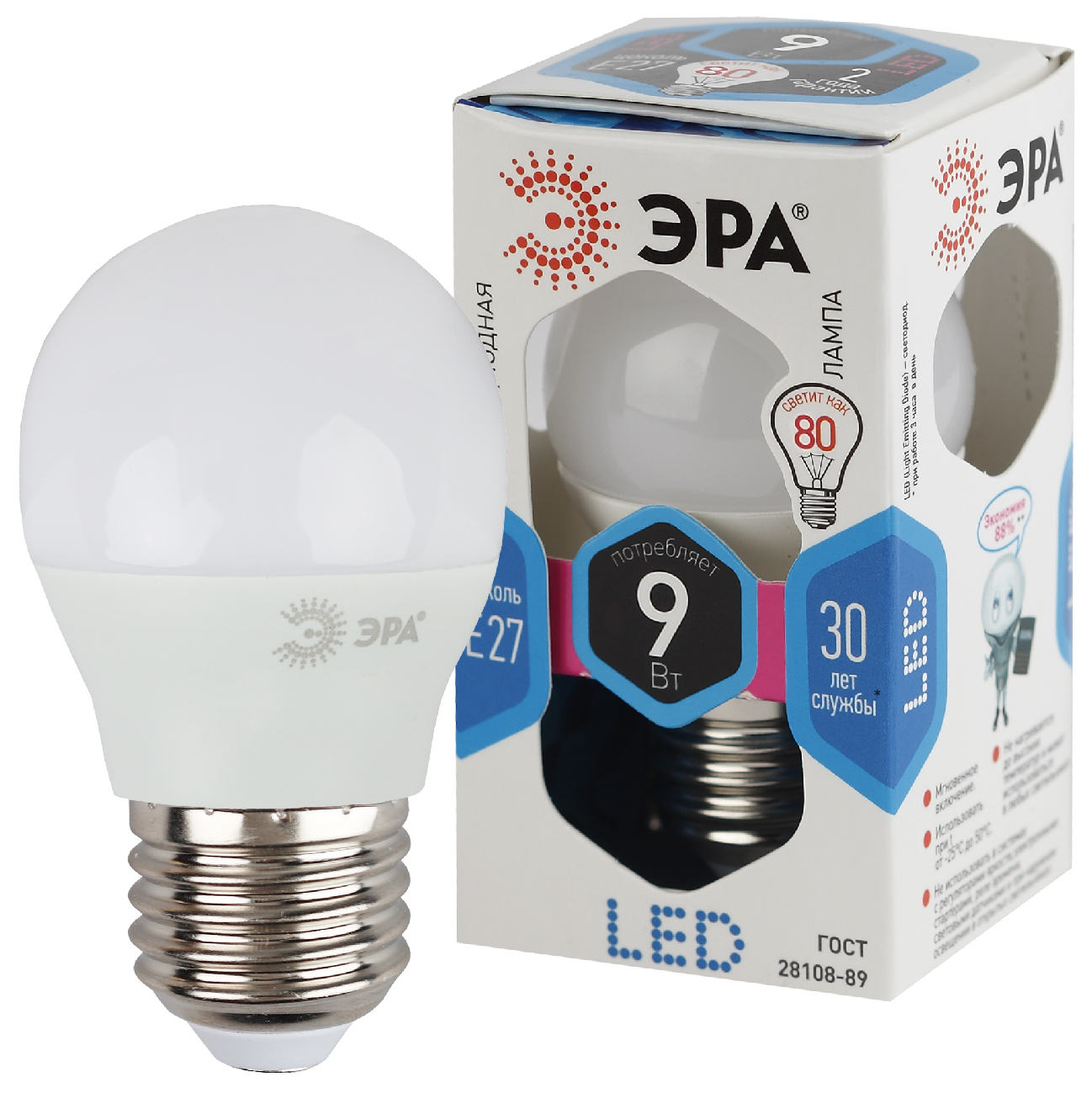 Лампа светодиодная E27 шар/P45, 9Вт, 4000K / нейтральный свет, 720лм, ЭРА LED P45-9W-840-E27 (Б0029044)