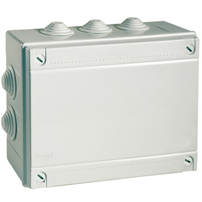   E2E4 Коробка распределительная прямоугольная 24 см x 19 см, глубина 9 см, наружный монтаж, IP55, вводов:10, наличие сальников, серый, с крышкой, DKC (54200)