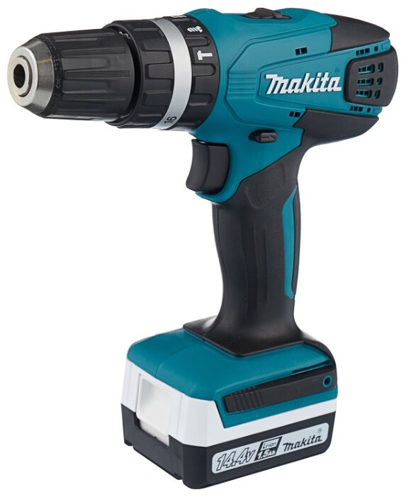 Дрель-шуруповерт Makita HP347DWE, аккумуляторный, 30 нм, 1400 об/мин, 14.4V, 1.5 А·ч, Li-Ion, два акб, быстрозажимной патрон, кейс, 1.5 кг