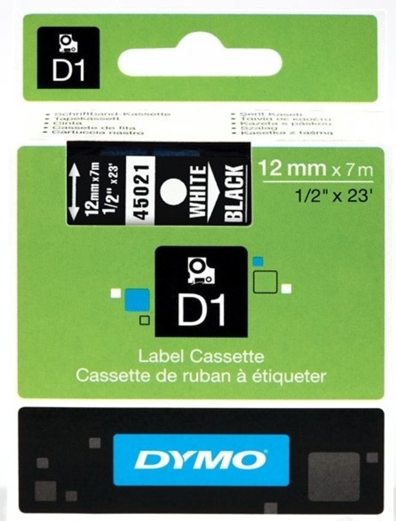 Кассета с лентой DYMO, 1.2 см x 7 м, белый на черном, оригинальная (S0720610/45021)