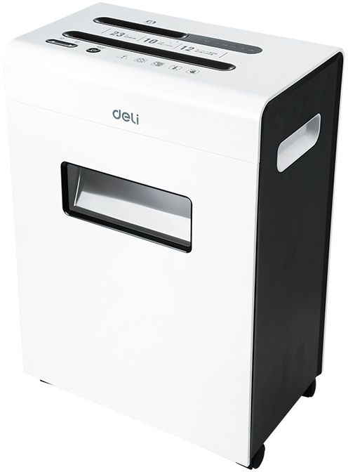 Шредер Deli E9903-EU, секретность 4/P-4, фрагменты - 3 мм x 2.5 см, объем 23 л, кол-во листов до 12 шт., скрепки, скобы, карты, CD, белый/черный
