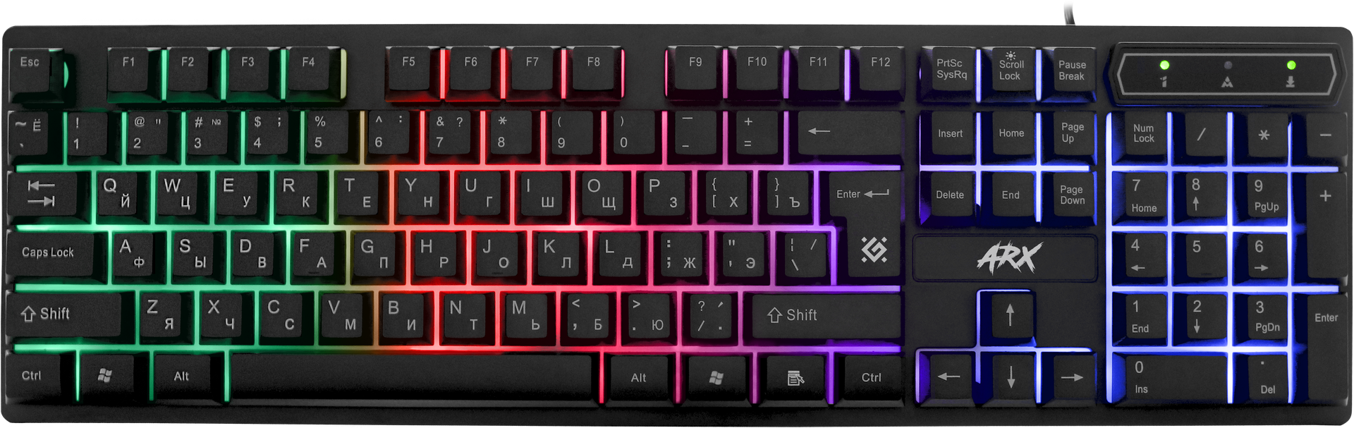 Клавиатура проводная Defender Arx GK-196L RU, мембранная, подсветка, USB, черный (45196)