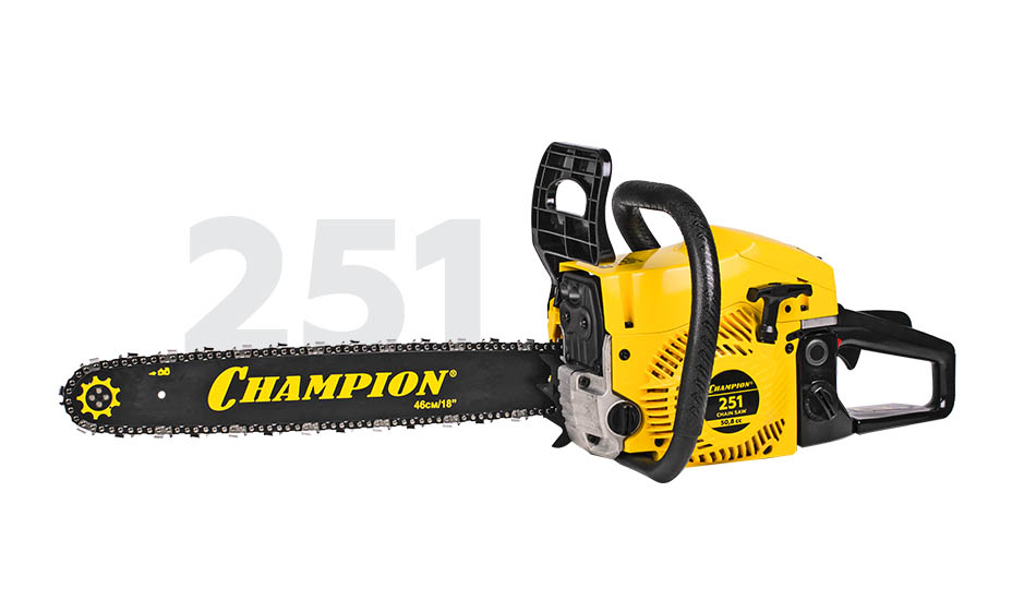 Бензопила Champion 251-18, 2.3Вт, 3.13 л.с., бензиновая, шина 45см, шаг 0.325 дюйма, емкость топливного бака 550мл, 5.6кг