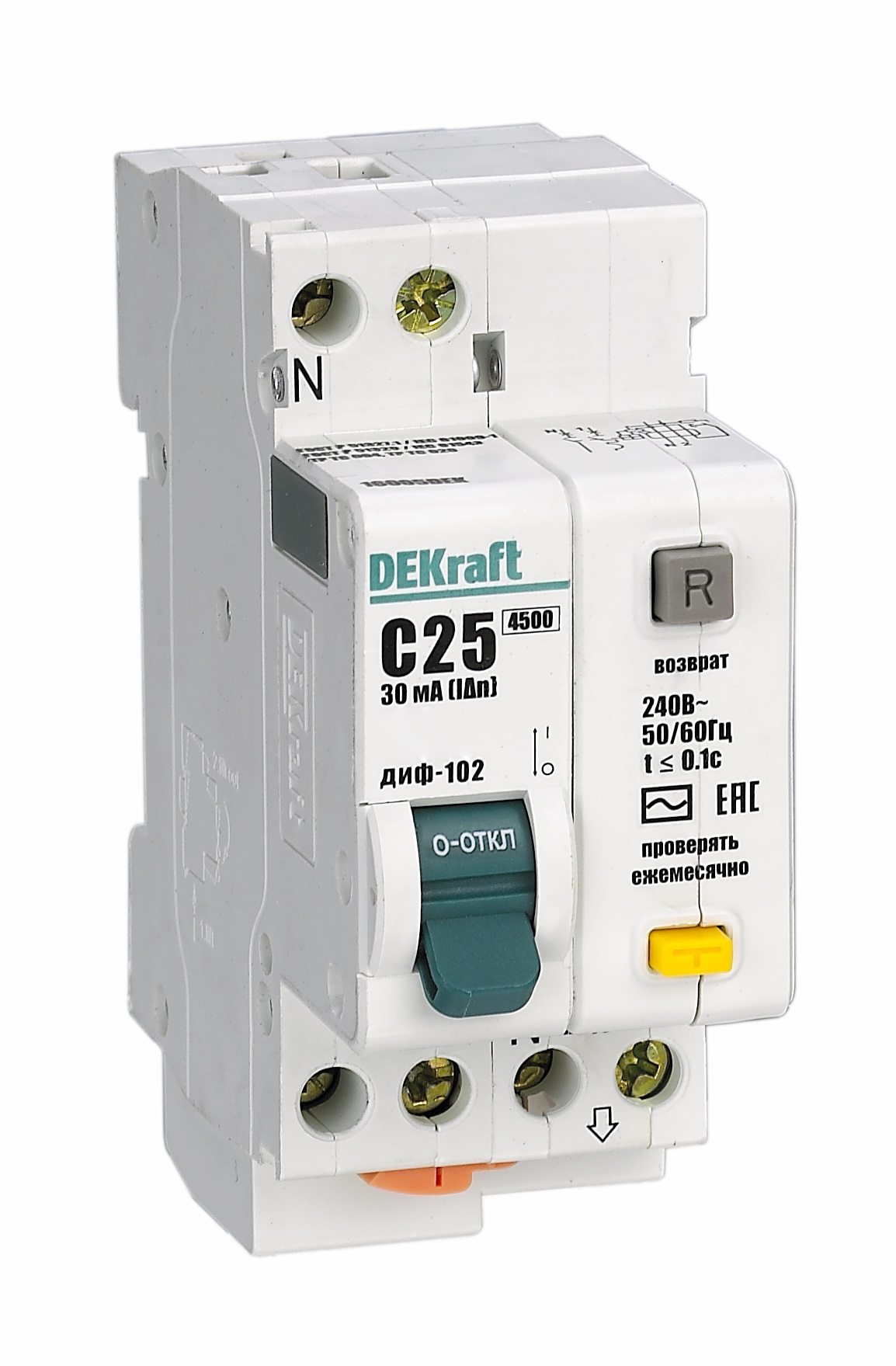   E2E4 Выключатель автоматический дифференциального тока DEKraft ДИФ-102, 1P+N, C, 32А, AC/30мА (16006DEK)