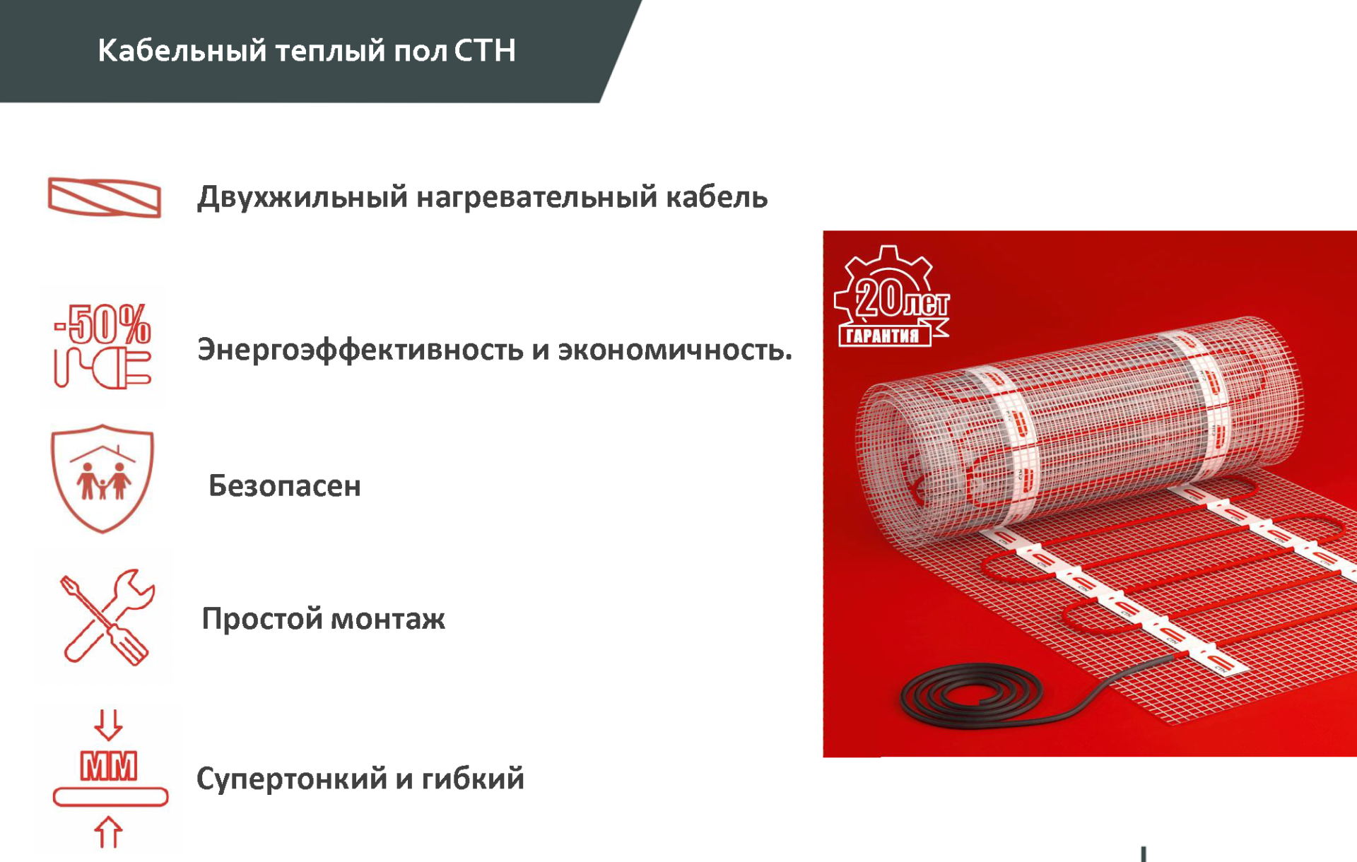 Теплый пол 2 м² нагревательный мат 50 см x 4 м двухжильный, 300 Вт / 150 Вт/м², без термостата, СТН Квадрат Тепла КМ-300-2,0